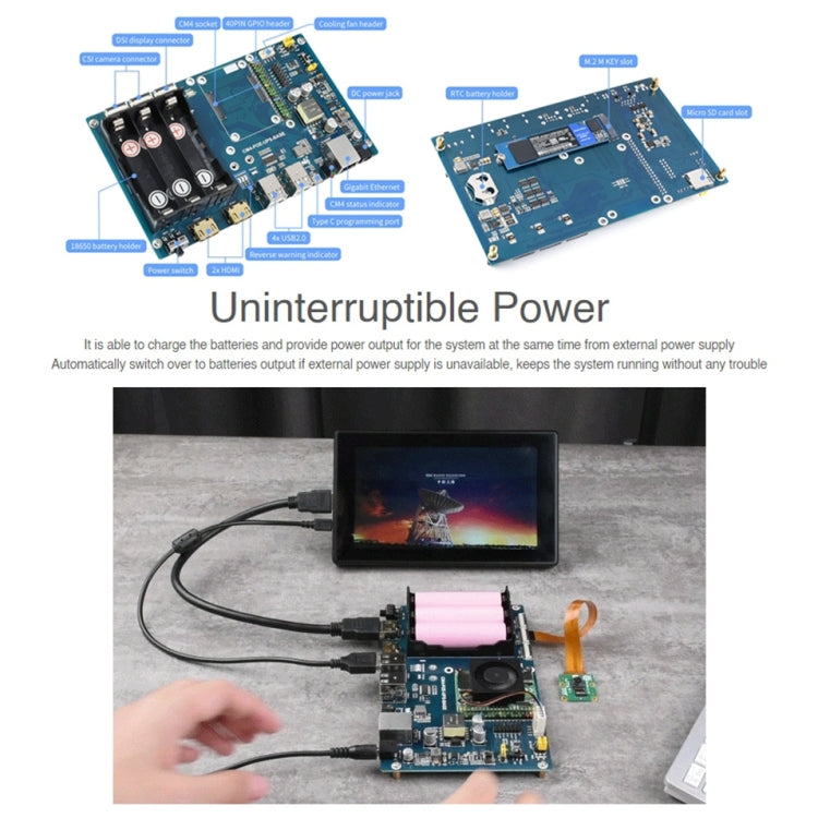 Scheda base UPS Waveshare PoE per Raspberry Pi CM4, Gigabit Ethernet, doppio HDMI, quad USB 2.0, PoE UPS Base Board