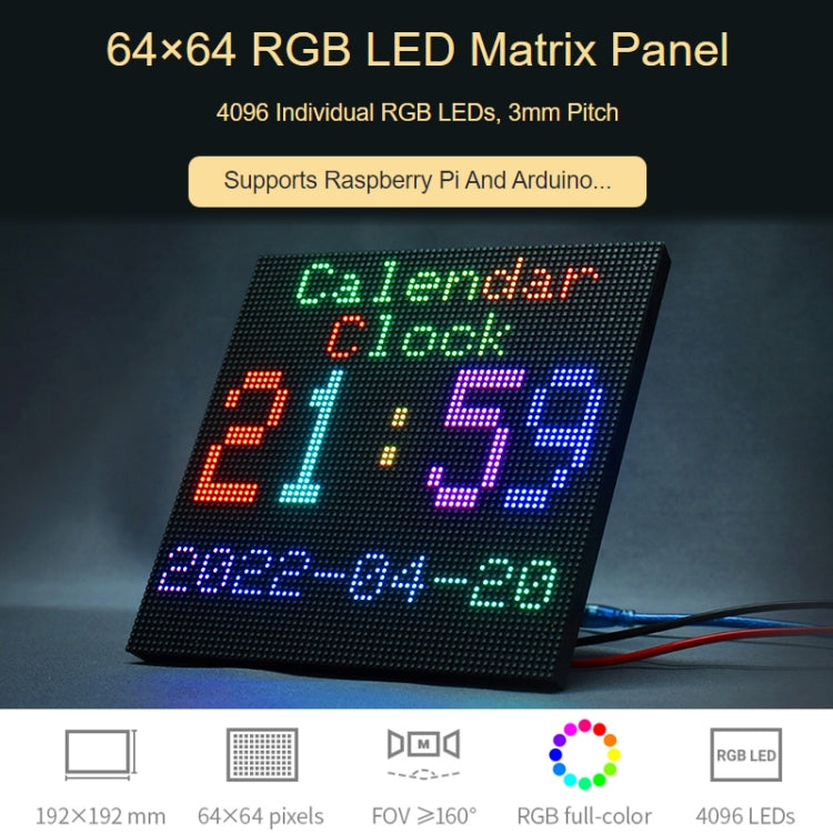 Waveshare RGB LED matrix panel, 3mm pitch, 64 x 64 pixels, adjustable brightness, 22100