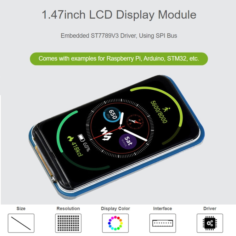 1.47 inch WAVESHARE LCD Display Module, Rounded Corners, 172 x 320 Resolution, SPI Interface