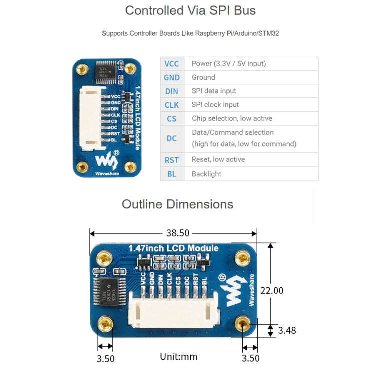 Modulo display LCD WAVESHARE da 1,47 pollici, angoli arrotondati, risoluzione 172 x 320, interfaccia SPI