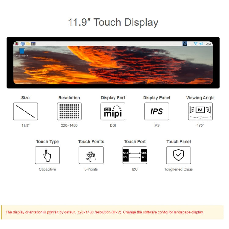 Display touch capacitivo WAVESHARE da 11,9 pollici per Raspberry Pi, 320 x 1480, IPS, interfaccia DSI, 11.9 inch