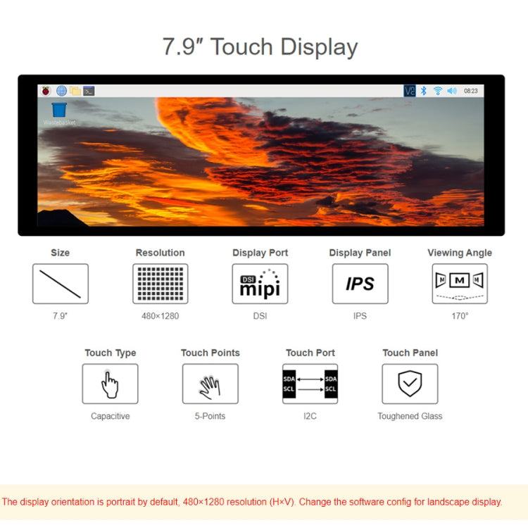 WAVESHARE 7.9 inch Capacitive Touch Display for Raspberry Pi, 400 x 1280, IPS, DSI Interface, 7.9 inch