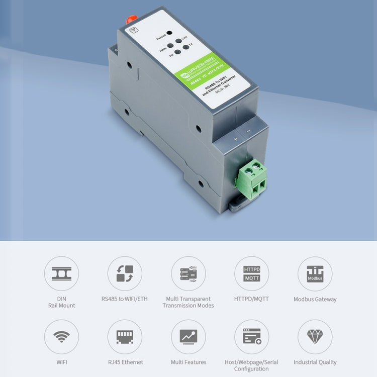 Server seriale Waveshare con montaggio su guida RS485 al modulo WIFI/Ethernet, gateway Modbus MQTT, 21968