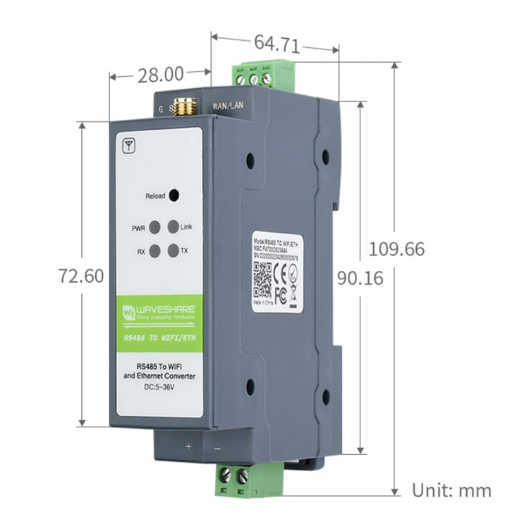 Waveshare Rail Mount Serial Server RS485 to WIFI/Ethernet Module, Modbus MQTT Gateway, 21968