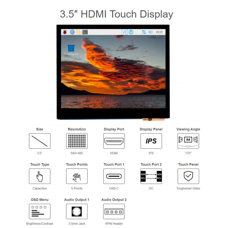 Display LCD IPS touch capacitivo HDMI Waveshare da 3,5 pollici (E), 640 x 480, jack audio, 3.5 inch Audio Jack