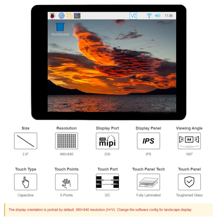 Waveshare 2.8 inch Capacitive Touch Display for Raspberry Pi, 480 x 640, DSI, IPS, Fully Laminated Screen, 2.8 inch