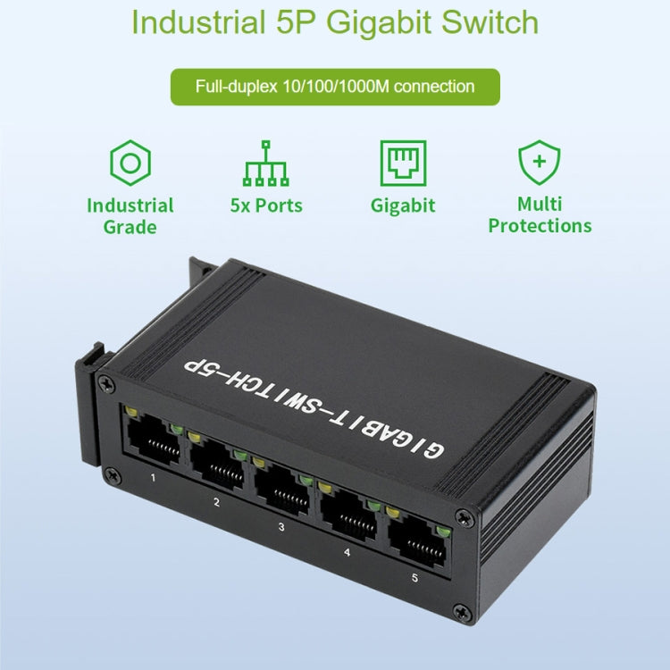 Waveshare 5P Industrial Gigabit Ethernet Switch, 10/100/1000M Full-Duplex, DIN Rail Mount