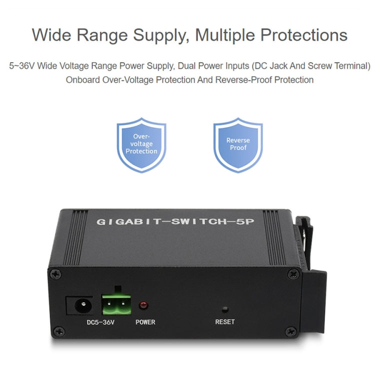 Switch Gigabit Ethernet industriale 5 porte montaggio DIN