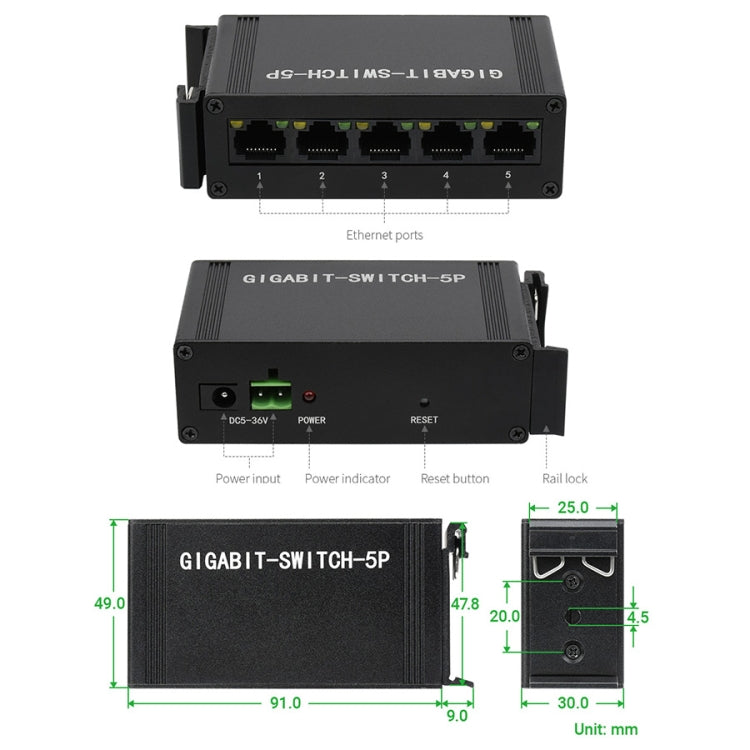 Switch Gigabit Ethernet industriale 5P Waveshare, full-duplex 10/100/1000M, montaggio su guida DIN