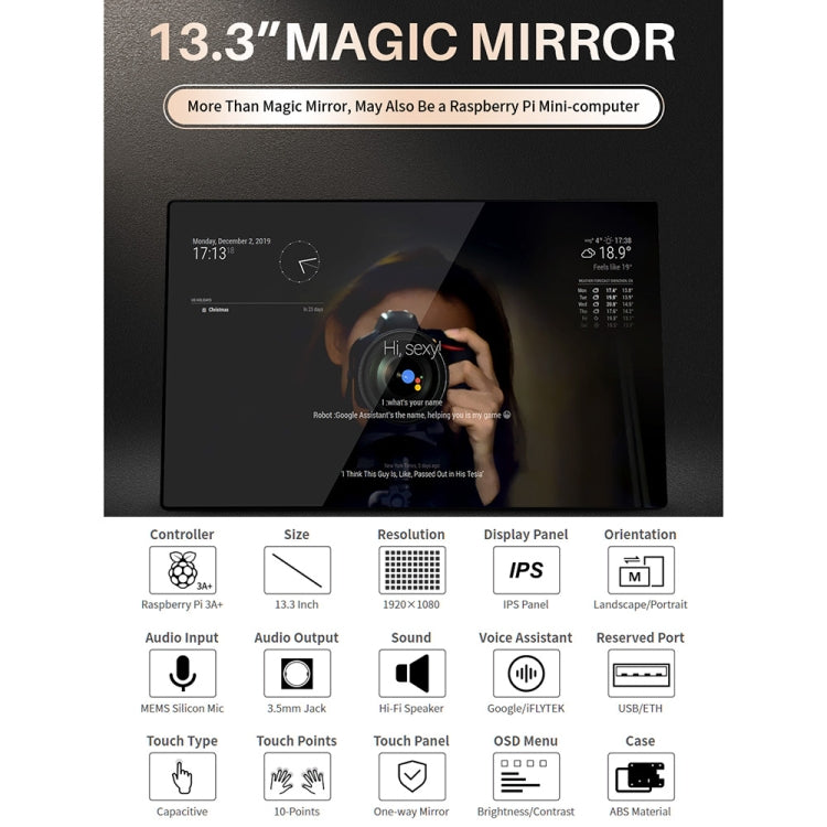 Waveshare 13.3 inch Magic Mirror, Voice Assistant, Touch Control