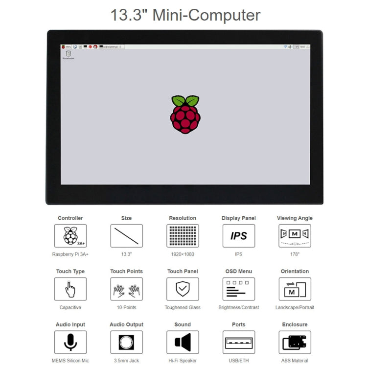 Mini-computer Waveshare 13,3" con Raspberry Pi 3A+ e touch screen