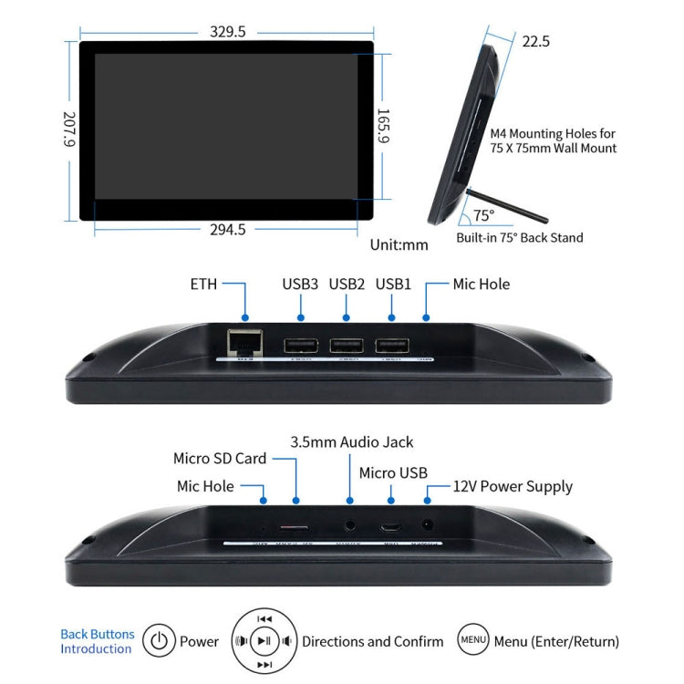 Mini-computer Waveshare 13,3" con Raspberry Pi 3A+ e touch screen