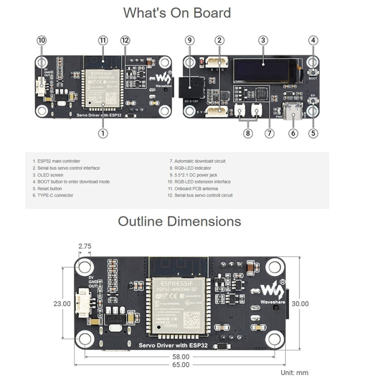 Scheda di espansione servoazionamento Waveshare ESP32, WiFi e BT integrati, 21593