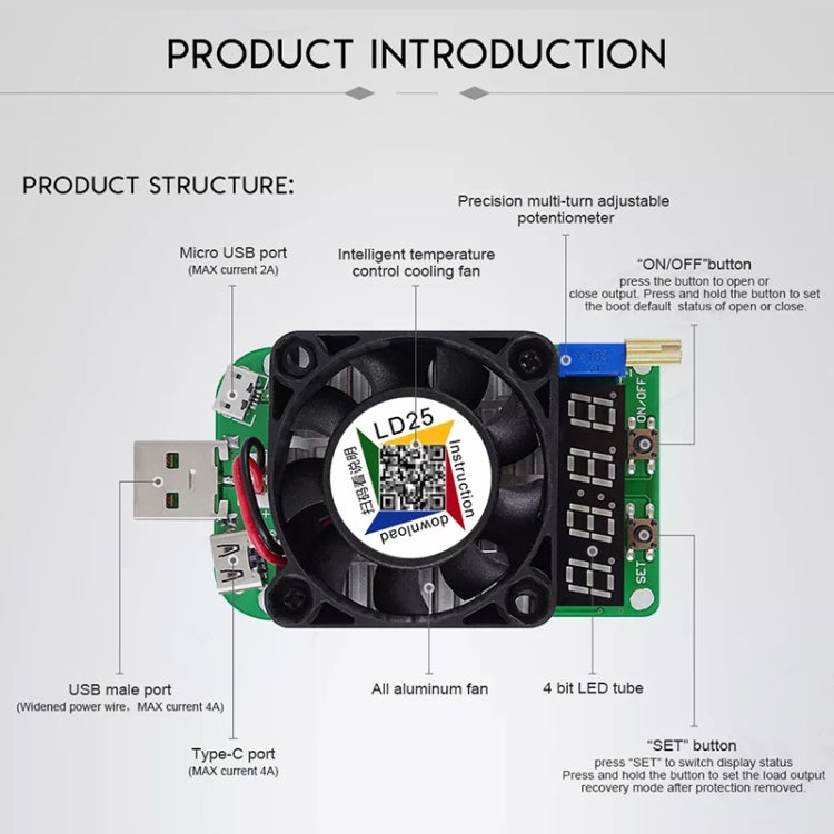 LD25 Current Voltage Adjustable Electronic USB Load Resistor Discharge Battery Test