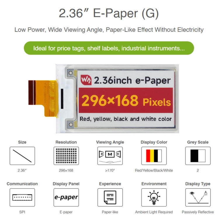 Pannello display Waveshare 2,36 pollici 296 x 168 Rosso Giallo Nero Bianco E-Paper (G) Raw, 22752