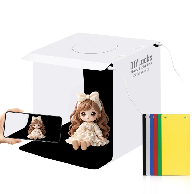 Tenda da studio fotografica pieghevole e portatile da 20 cm con 2 pannelli LED, luminosità 1100LM, kit con 6 sfondi colorati (nero, bianco, giallo, rosso, verde, blu). Dimensioni da aperta: 24 cm x 23 cm x 23 cm.