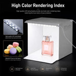 Tenda da studio fotografica pieghevole e portatile da 20 cm con 2 pannelli LED, luminosità 1100LM, kit con 6 sfondi colorati (nero, bianco, giallo, rosso, verde, blu). Dimensioni da aperta: 24 cm x 23 cm x 23 cm.