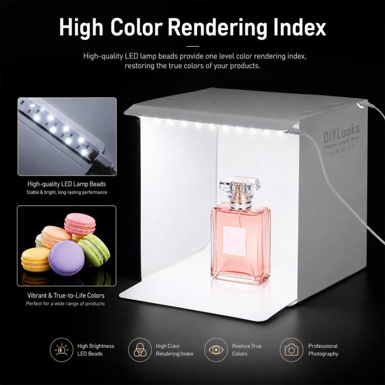 Tenda da studio fotografica pieghevole e portatile da 20 cm con 2 pannelli LED, luminosità 1100LM, kit con 6 sfondi colorati (nero, bianco, giallo, rosso, verde, blu). Dimensioni da aperta: 24 cm x 23 cm x 23 cm.