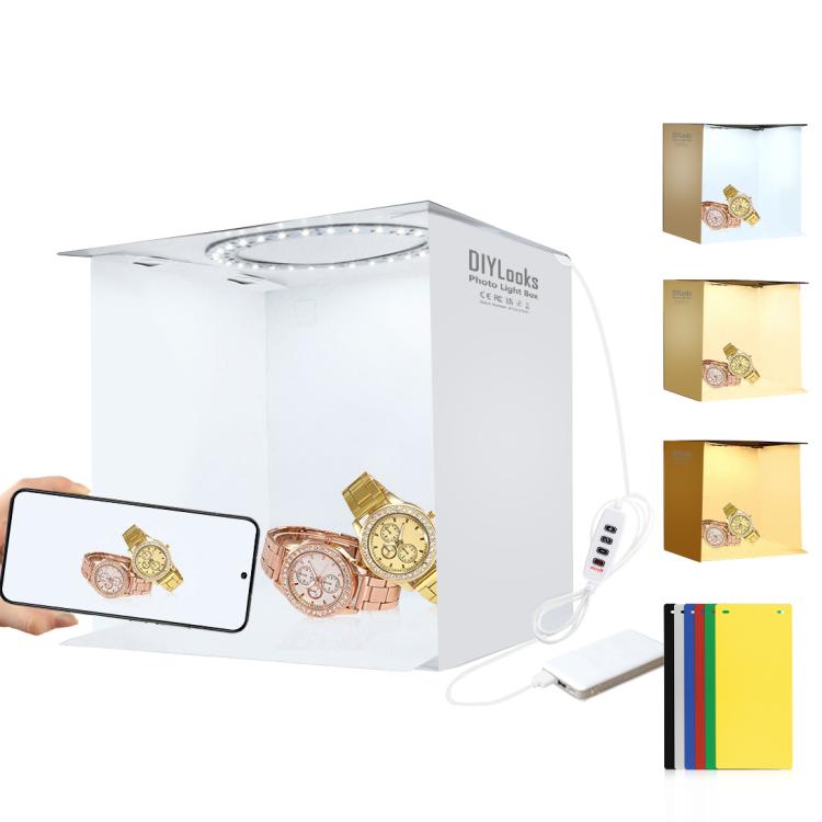 Kit tenda luminosa portatile pieghevole con pannello LED ad anello da 23 cm per studio fotografico, con 6 sfondi colorati (nero, bianco, giallo, rosso, verde, blu). Dimensioni da aperto: 24 cm x 23 cm x 23 cm.
