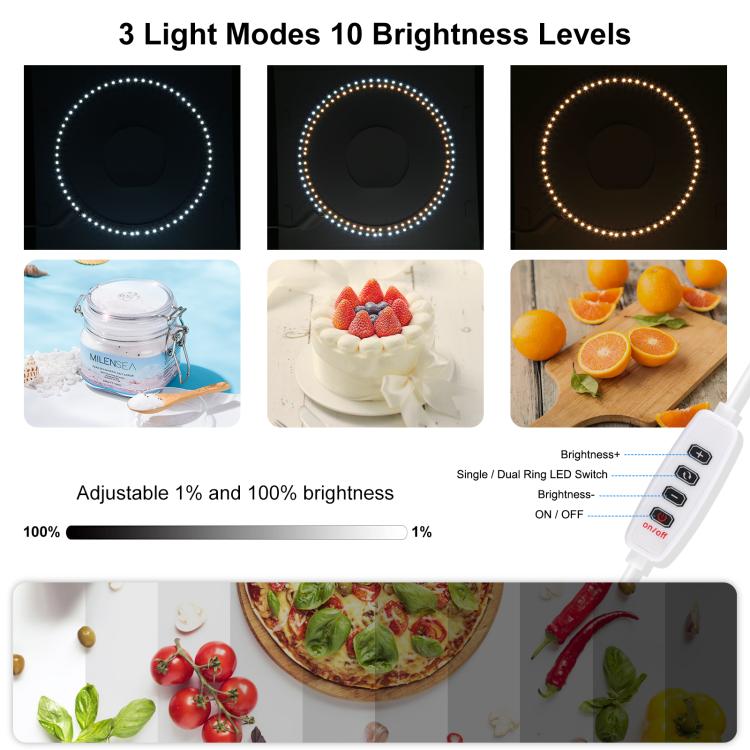 Kit tenda luminosa portatile pieghevole con pannello LED ad anello da 23 cm per studio fotografico, con 6 sfondi colorati (nero, bianco, giallo, rosso, verde, blu). Dimensioni da aperto: 24 cm x 23 cm x 23 cm.