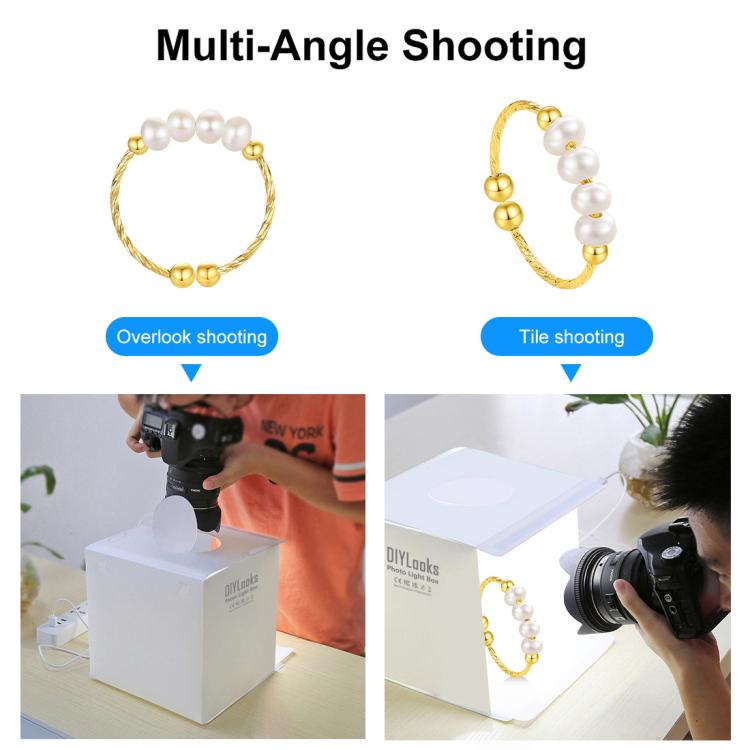 Kit tenda fotografica portatile pieghevole PULUZ da 20 cm con luce da 550 lumen e 2 fondali colorati (nero, bianco). Dimensioni da aperta: 24 cm x 23 cm x 23 cm.