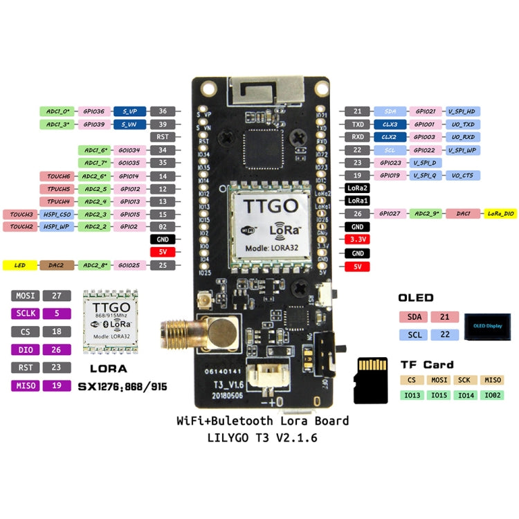 TTGO LORA32 V2.1 ESP32 Modulo wireless WiFi OLED Bluetooth da 0,96 pollici Modulo 433 MHz SMA IP5306 con antenna, 433MHz