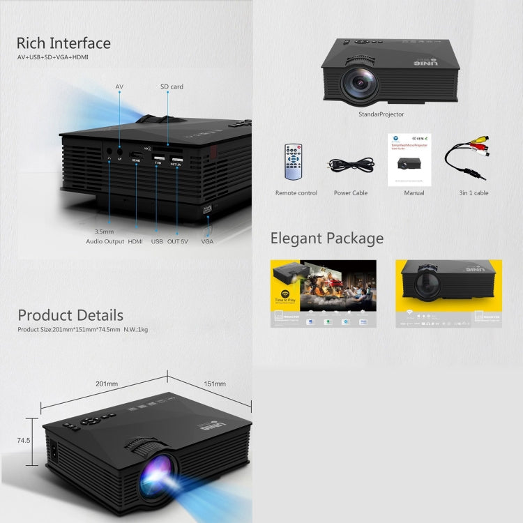 UC68+ 40ANSI 1024 x 600P Home Theater Multimedia HD LED Projector, Support USB/SD/HDMI/VGA/IR, UC46+ Black