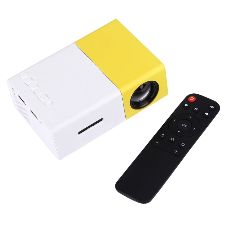 YG-300 Proiettore LED Home Theater HD da 0,8-2M 24-60 pollici 400-600 lumen con cavo di conversione video 3 in 1 e telecomando, dimensioni: 12,6 x 8,6 x 4,6 cm, presa EU