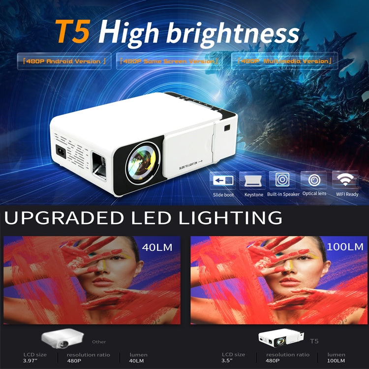 Proiettore intelligente T5 da 100 ANSI lumen 800x400 con tecnologia LED+LCD 480P, supporto HDMI/scheda SD/2 x USB/audio da 3,5 mm, versione ordinaria, Ordinary Version