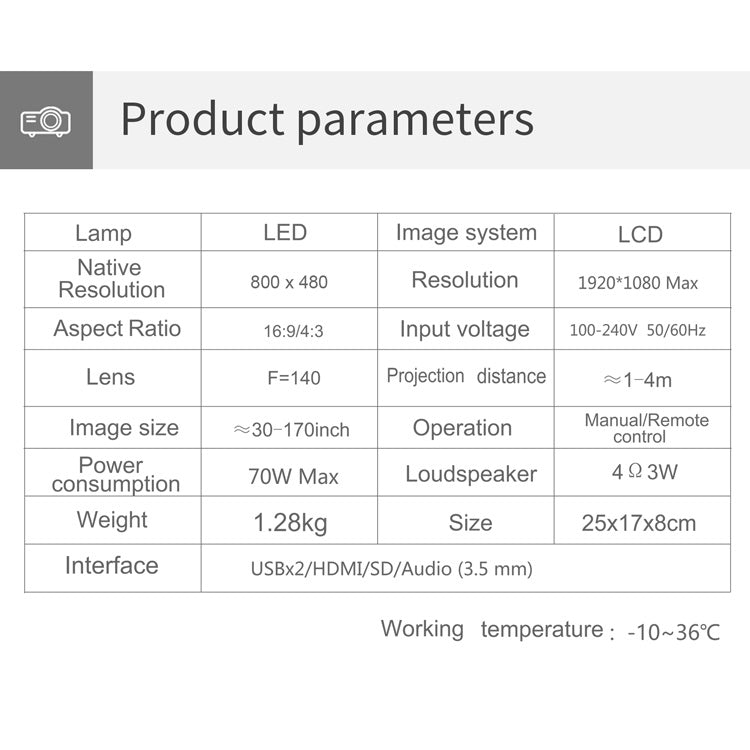 100ANSI Lumens 800x400 T5 Smart Projector with LED+LCD 480P Technology, Support HDMI/SD Card/2 x USB/3.5mm Audio, Ordinary Version