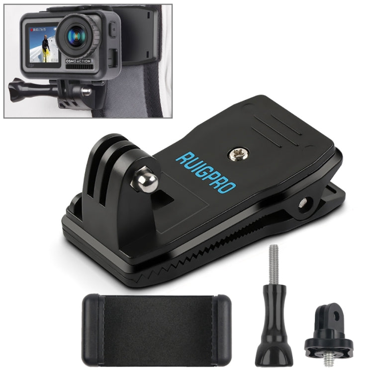 RUIGPRO Zaino con rotazione a 360 gradi Rec-Mounts Supporto con morsetto a clip + Morsetto per telefono per GoPro HERO9 Black / HERO8 Black /7 /6 /5 /5 Session /4 Session /4 /3+ /3 /2 /1, DJI Osmo Action, Xiaoyie altre action camera, Rec-Mounts+Clamp