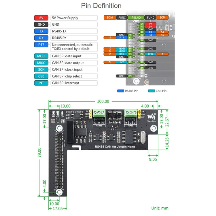 Waveshare RS485 CAN Expansion Card for Jetson Nano, Digital Isolation, Integrated Protection Circuit