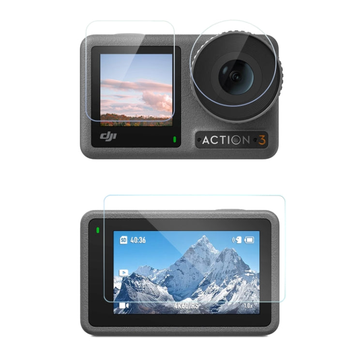 Per DJI Osmo Action 3 Obiettivo 3 in 1 Pellicola antideflagrante diamantata per schermo anteriore e posteriore, For DJI Osmo Action 3