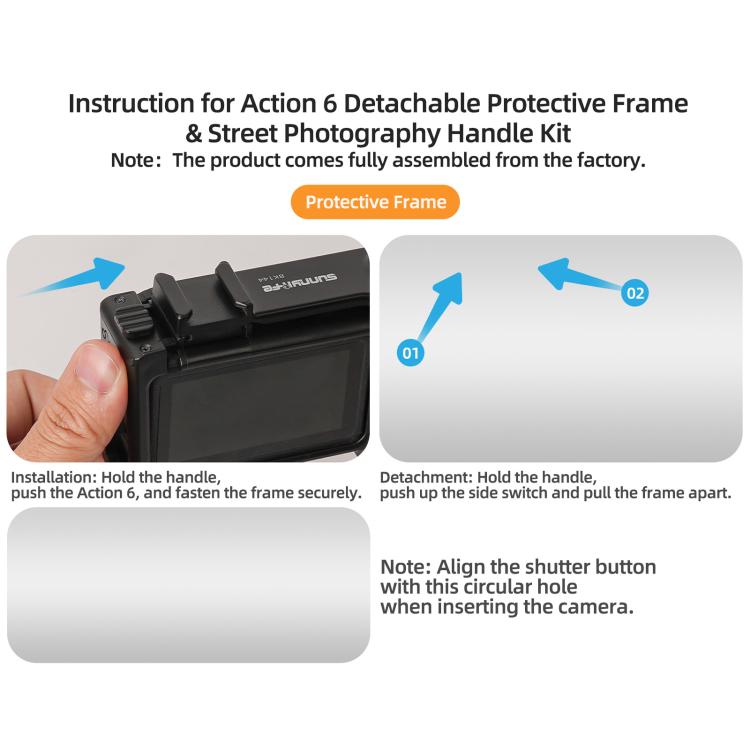 Per DJI Action 6 Sunnylife Telaio protettivo 2 in 1 rimovibile e impugnatura per fotografia di strada Impugnatura ergonomica Maniglia di scatto a sgancio rapido, For DJI Action 6