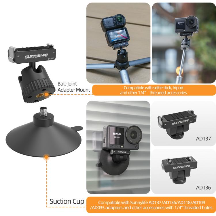 Adattatore con snodo sferico magnetico a sgancio rapido bidirezionale Sunnylife, supporto con ventosa girevole a 360° per DJI Osmo Nano / Action 6, For DJI Osmo Nano / Action 6