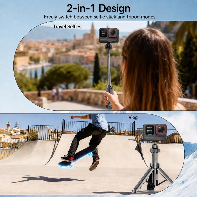 Treppiede da tavolo telescopico VT-12 con testa a sfera da 1/4" per selfie stick, compatibile con GoPro e action camera., VT-12