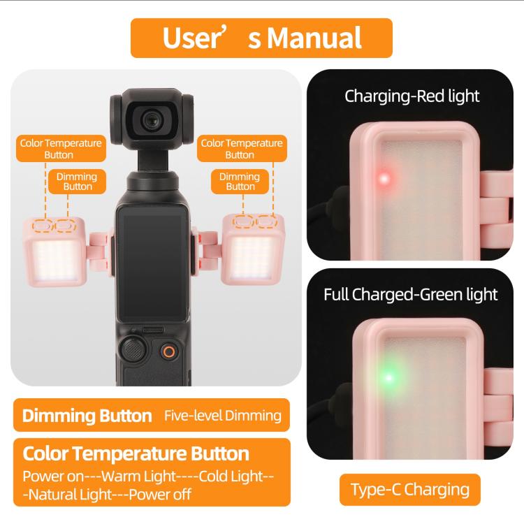 Per DJI Osmo Pocket 3 Sunnylife Luce video a LED regolabile con sgancio rapido, luce di riempimento tricolore dimmerabile, lampada portatile