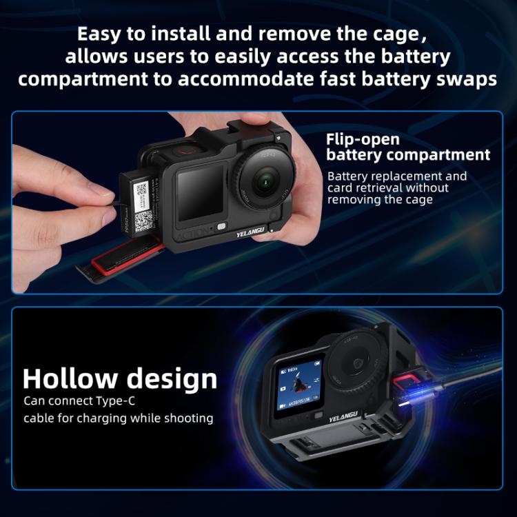 Telaio in metallo YELANGU per fotocamera DJI Osmo Action 6 con slitta a caldo, For DJI Osmo Action 6 Cage