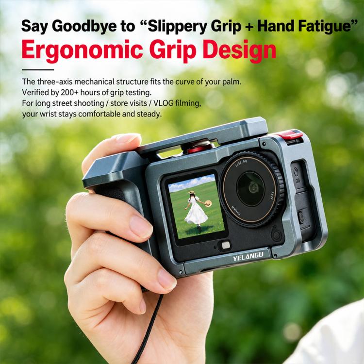 Gabbia per fotocamera in metallo YELANGU per DJI Osmo Action 6 con impugnatura e doppia apertura, LWAC6-2