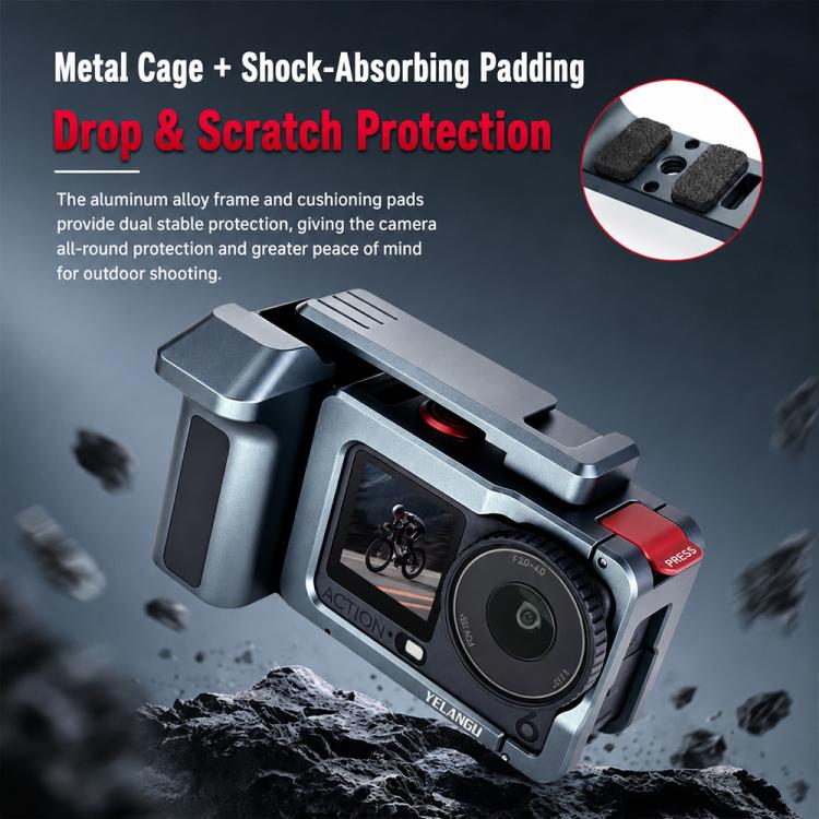Gabbia per fotocamera in metallo YELANGU per DJI Osmo Action 6 con impugnatura e doppia apertura, LWAC6-2