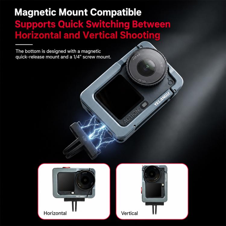 Gabbia per fotocamera in metallo YELANGU per DJI Osmo Action 6 con impugnatura e doppia apertura, LWAC6-2