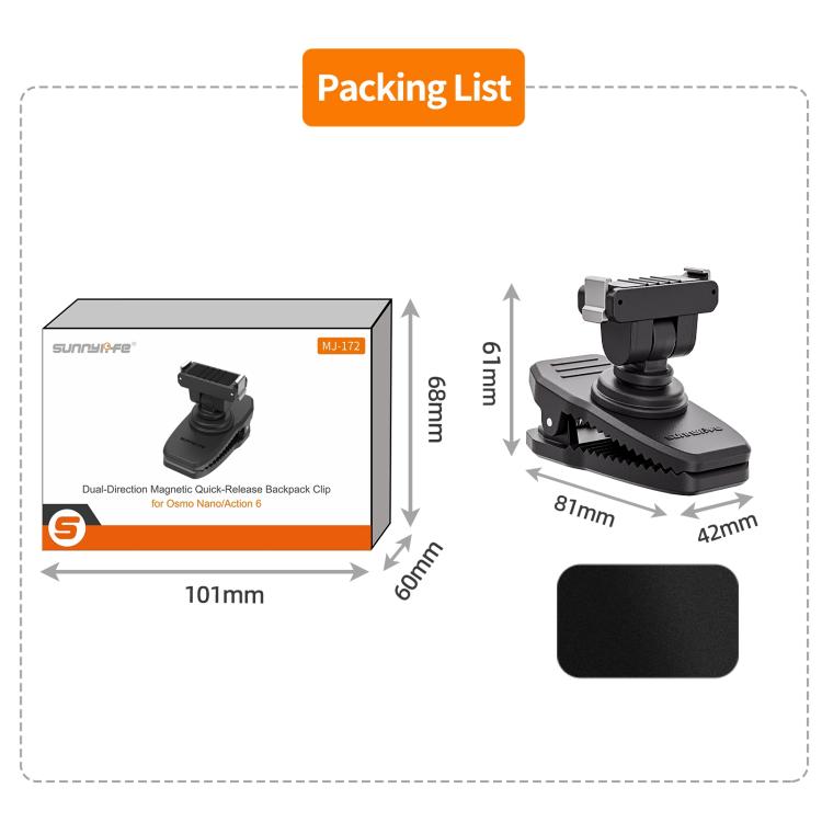 Clip magnetica a sgancio rapido Sunnylife per zaino, morsetto regolabile per action camera con supporto verticale/orizzontale per DJI Osmo Nano / Action 6, MJ-172 For DJI Osmo Nano / Action 6