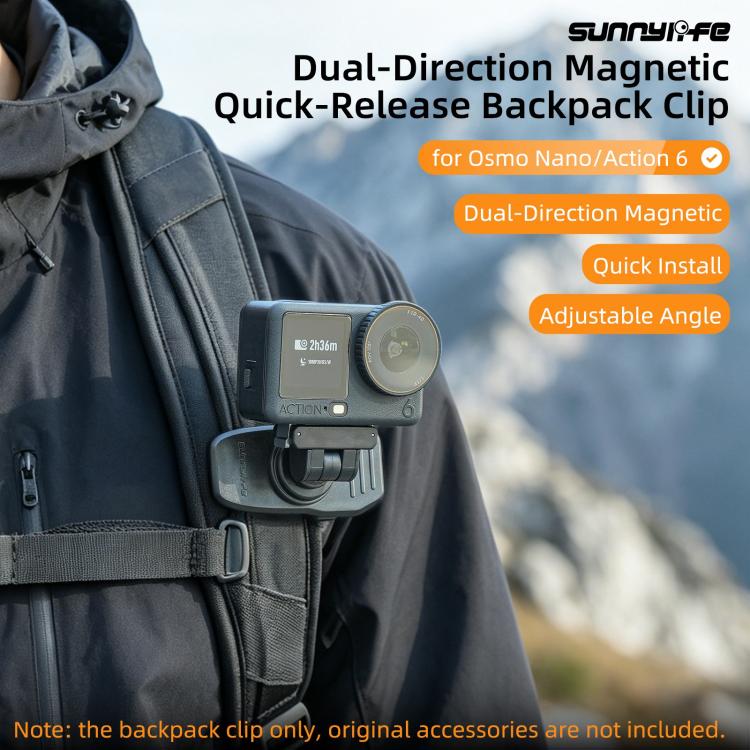 Clip magnetica a sgancio rapido Sunnylife per zaino, morsetto regolabile per action camera con supporto verticale/orizzontale per DJI Osmo Nano / Action 6, MJ-172 For DJI Osmo Nano / Action 6