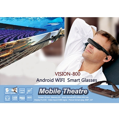 VISION-800 Android 4.4 Occhiali Retina Super Smart da 1 GB+2 GB Cuffie per realtà virtuale 3D VR con fotocamera da 5.0 MP, supporto WiFi, Bluetooth, scheda TF, registrazione video