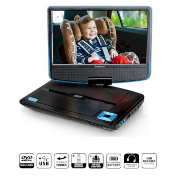 Portable 9" DVD player with USB headphones and mounting bracket Blue / Black