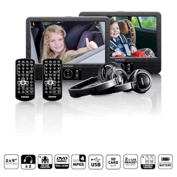 2x 9” portable DVD player with USB SD built-in battery headphone and bracket Black