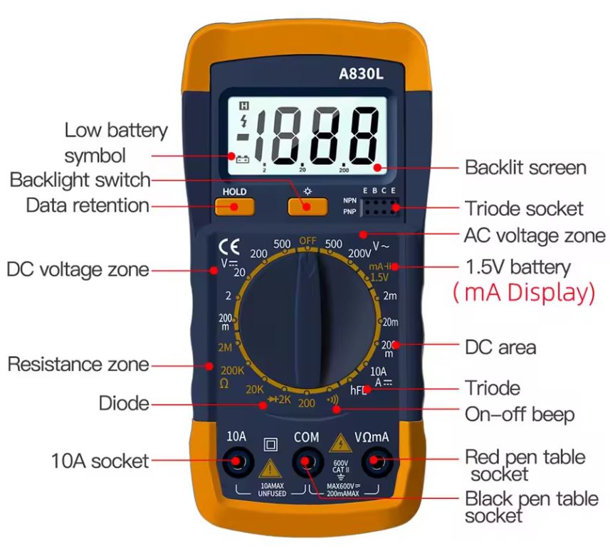 Multimetro digitale portatile A830L con display LCD A830L E9345