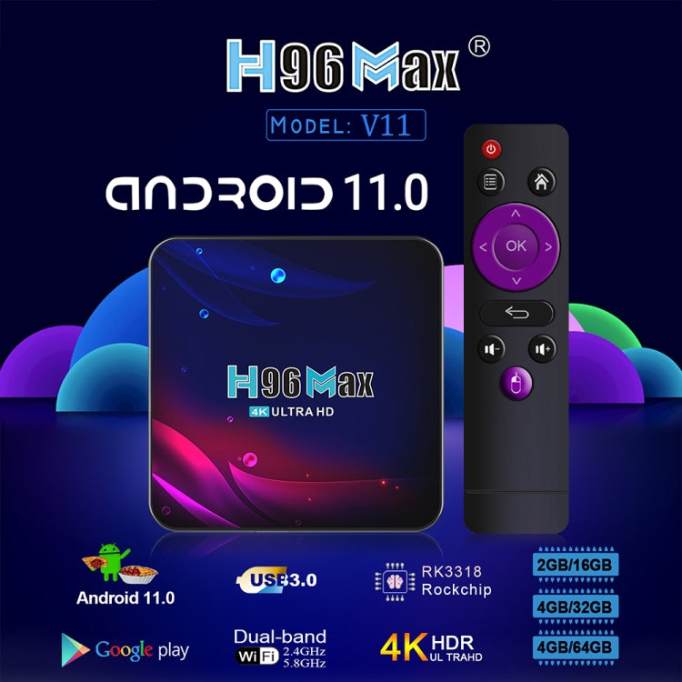 H96 Max V11 4K Smart TV BOX Android 11.0 Media Player with Remote Control, RK3318 Quad-Core 64 bit Cortex-A53, RAM: 2GB, ROM: 16GB, Support Dual Band WiFi, Bluetooth, Ethernet, EU Plug, 2GB+16GB