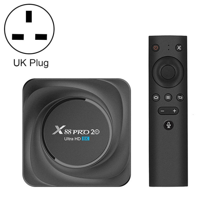 X88 Pro 20 4K Smart TV BOX Android 11.0 Media Player with Voice Remote, RK3566 Quad Core 64-bit Cortex-A55 up to 1.8GHz, RAM: 8GB, ROM: 128GB, Support Dual Band WiFi, Bluetooth, Ethernet, US Plug, 8GB+128GB