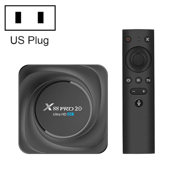 X88 Pro 20 4K Smart TV BOX Android 11.0 Media Player with Voice Remote, RK3566 Quad Core 64-bit Cortex-A55 up to 1.8GHz, RAM: 8GB, ROM: 128GB, Support Dual Band WiFi, Bluetooth, Ethernet, US Plug, 8GB+128GB